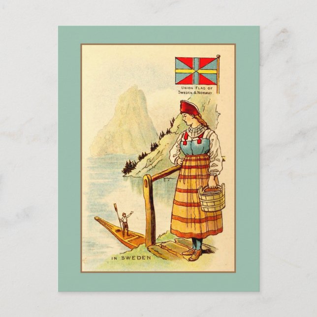 Postal Mujer de la cosecha En Suecia, Bandera de la Unión (Anverso)