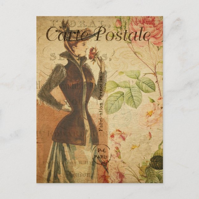 Postal Mujer de la Virgen con Roses Rojos Floral Francés (Anverso)
