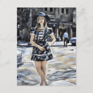 Postal mujer de los 70 llevando sombrero de sol vestido m