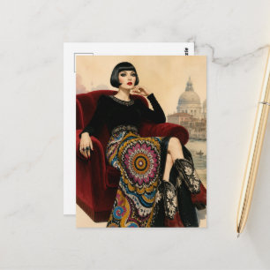 Postal Mujer de los años 20 sentada en una silla roja