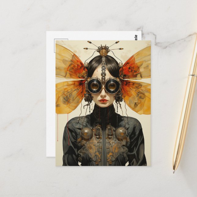 Postal Mujer de los insectos de Steampunk Scifi (Anverso/Reverso In Situ)