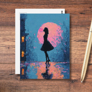 Postal Mujer de Luna Rosa Impresionista Burbuja de Chicle
