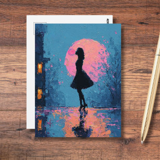 Postal Mujer de Luna Rosa Impresionista Burbuja de Chicle