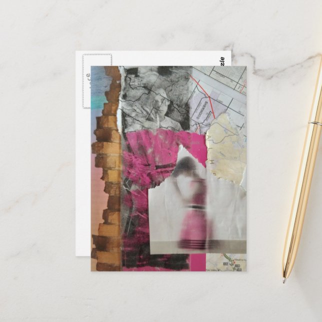 Postal mujer de medios mixtos en collage abstracto rosa (Anverso/Reverso In Situ)