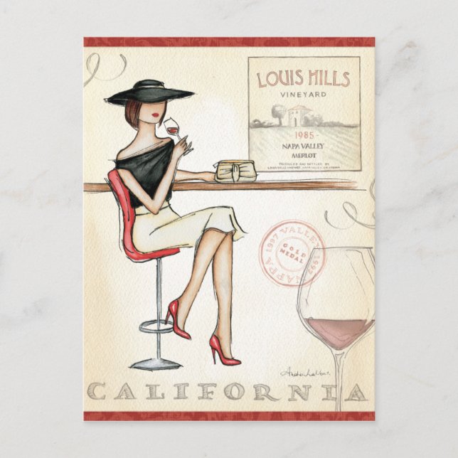 Postal Mujer de moda bebiendo vino (Anverso)