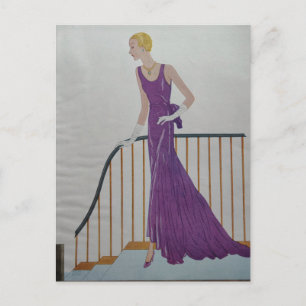 Postal Mujer de moda de los años 30 con vestido púrpura