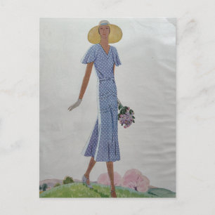 Postal Mujer de moda de los años 30 en vestido azul y bla