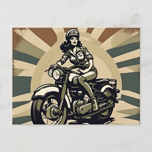 Postal Mujer de motocicleta vintage (Anverso)