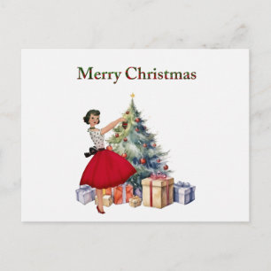 Postal Mujer de Navidad de 1950 con árbol de Navidad