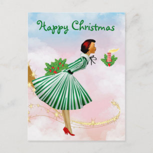 Postal Mujer de Navidad vintage de 1950