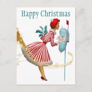 Postal Mujer de Navidad vintage de 1950 con regalos
