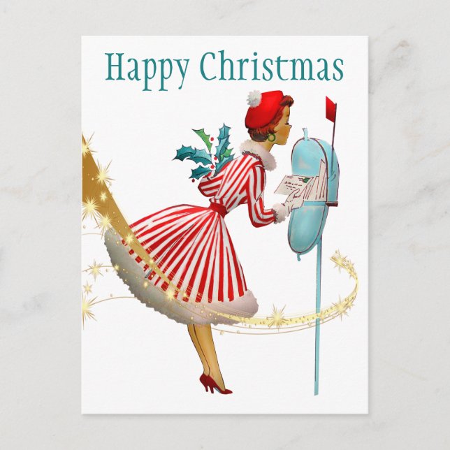 Postal Mujer de Navidad vintage de 1950 con regalos (Anverso)