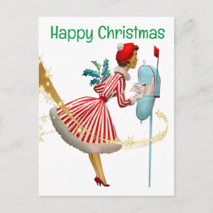 Postal Mujer de Navidad vintage de 1950 con regalos