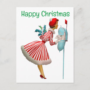 Postal Mujer de Navidad vintage de 1950 con regalos