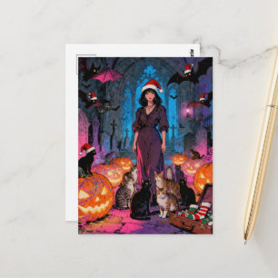 Postal Mujer de Navidad y Halloween Murciélagos Gatos