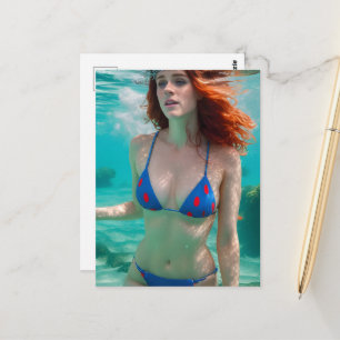 Postal Mujer de pelo rojo en bikini azul con lunares rojo