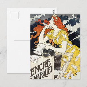 Postal Mujer de pelo rojo vestido amarillo arte Nouveau c