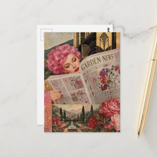 Postal Mujer de pelo rosa lee periódico de jardín Medios
