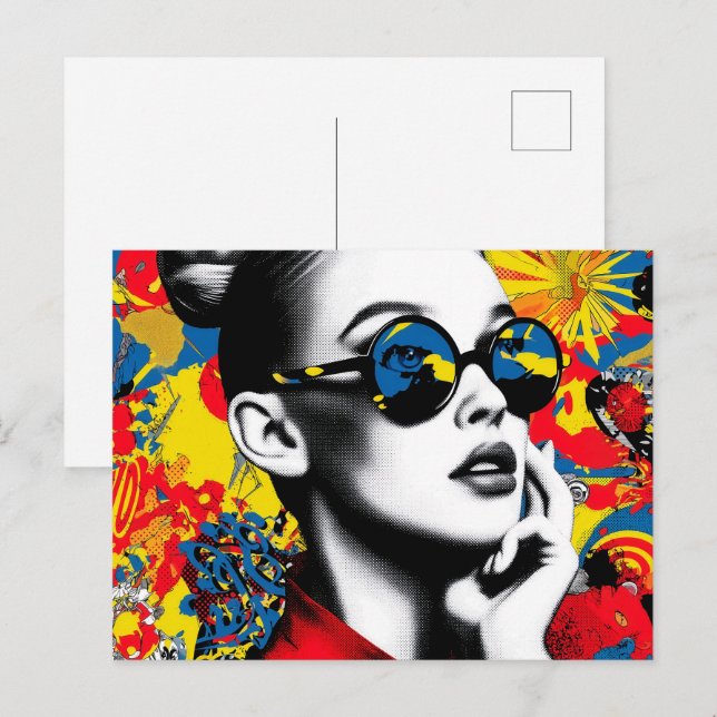 Postal Mujer de pop art con gafas de sol (Anverso / Reverso)