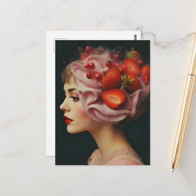 Postal Mujer de Postre de Fresa (Anverso/Reverso In Situ)