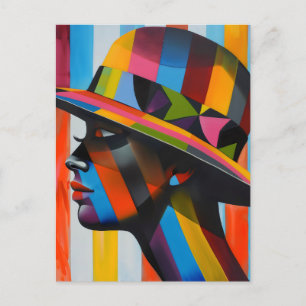Postal Mujer de sombrero colorido creando una silueta imp