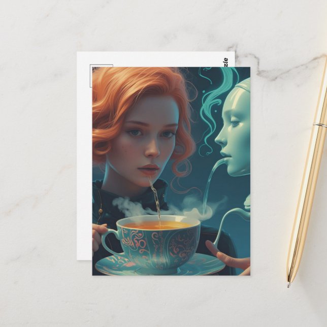 Postal Mujer de Té Surrealista y Robot (Anverso/Reverso In Situ)