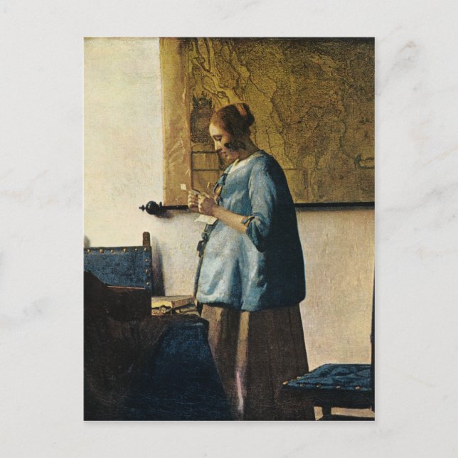 Postal Mujer de Vermeer en azul leyendo una carta a aprox (Anverso)
