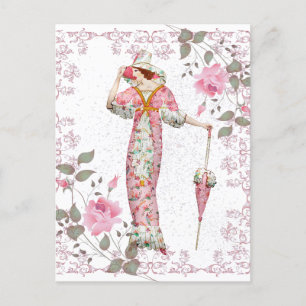 Postal Mujer del siglo XIX enmarcada con rosas