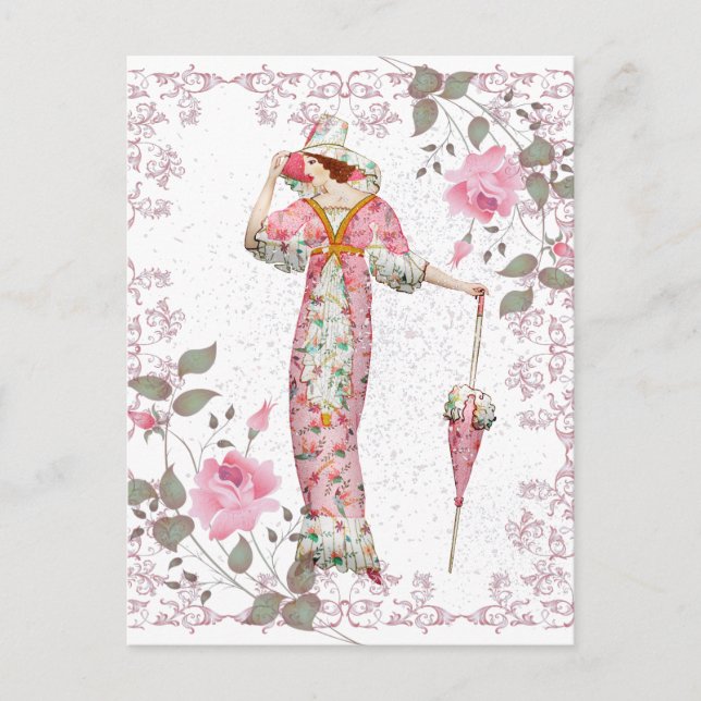 Postal Mujer del siglo XIX enmarcada con rosas (Anverso)