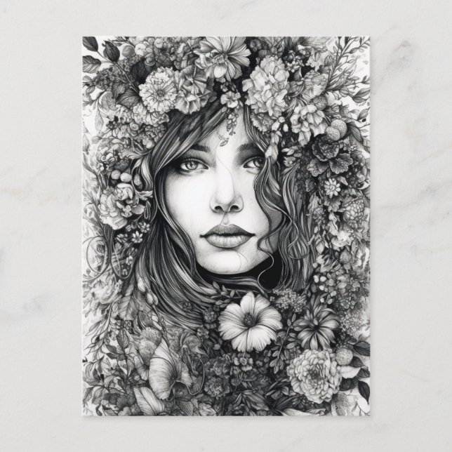 Postal Mujer dibujante negra y blanca con flores (Anverso)