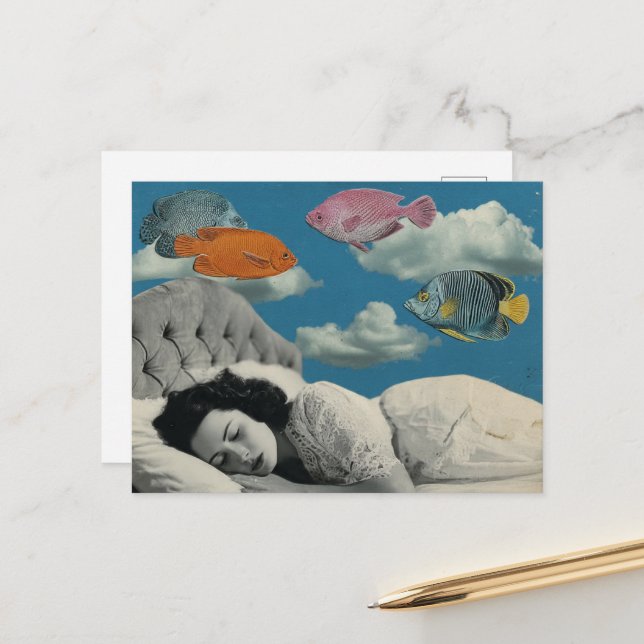 Postal Mujer durmiendo en el océano de nubes y peces (Anverso/Reverso In Situ)