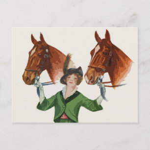 Postal Mujer elegante con caballos
