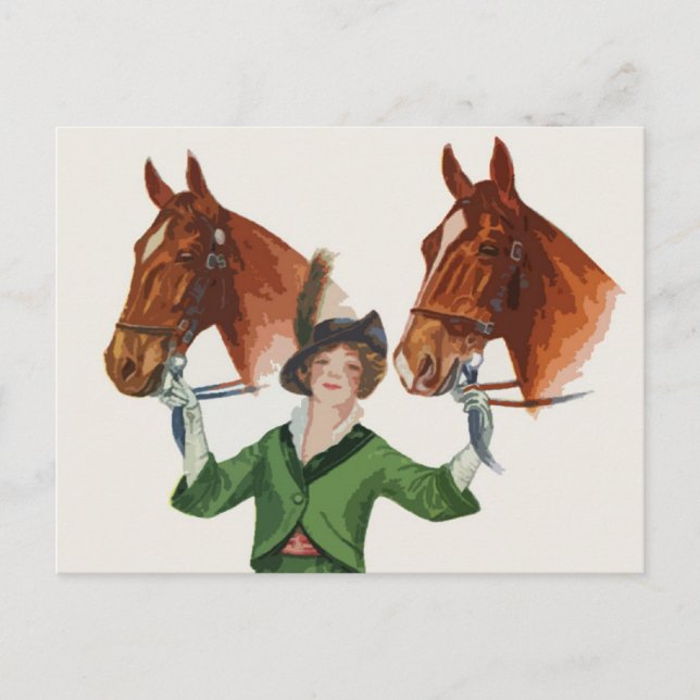 Postal Mujer elegante con caballos (Anverso)