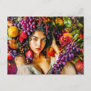 Postal Mujer elegante con granadas uvas y c florales