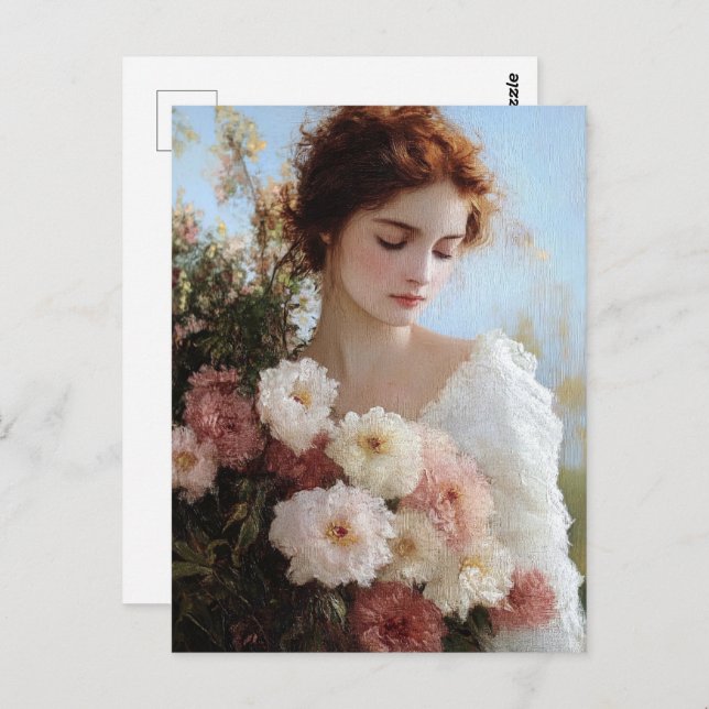 Postal Mujer elegante con pintura de flores (Anverso / Reverso)