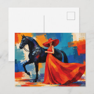 Postal Mujer elegante en rojo con caballo negro