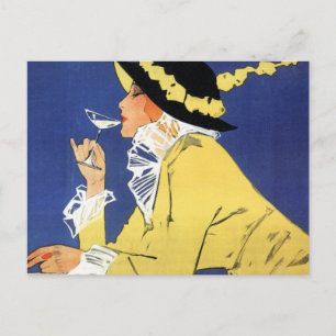 Postal Mujer en amarillo tomando un trago