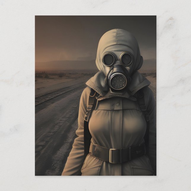 Postal Mujer en arte apocalíptico de mascarilla de gas (Anverso)