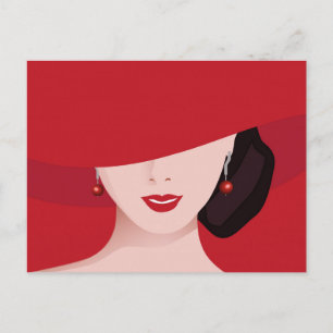 Postal Mujer en arte retro Gorra rojo