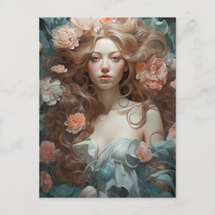 Postal Mujer en cama de flores