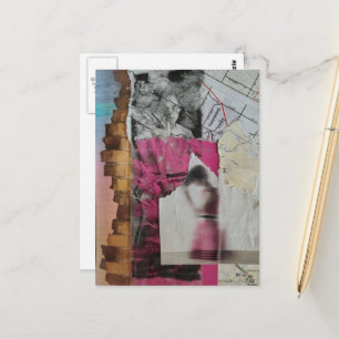 Postal mujer en collage abstracto rosa