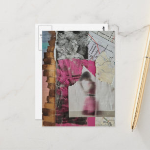Postal mujer en collage abstracto rosa