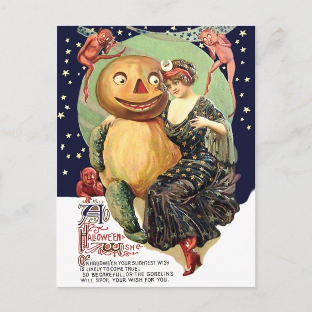 Postal Mujer en compañía de Jack O' Lantern y duendes (Anverso)