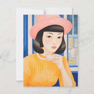 Postal Mujer en el café