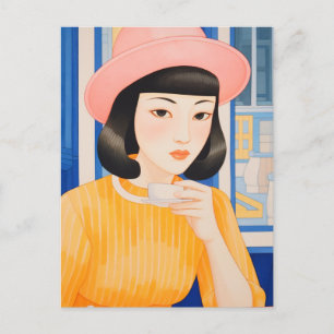 Postal Mujer en el Café