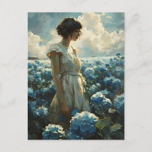 Postal Mujer en el campo de la hidrangea azul: Belleza vi