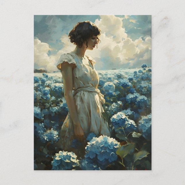 Postal Mujer en el campo de la hidrangea azul: Belleza vi (Anverso)