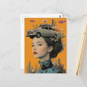 Postal Mujer en el desierto con pez y coche Collage surre
