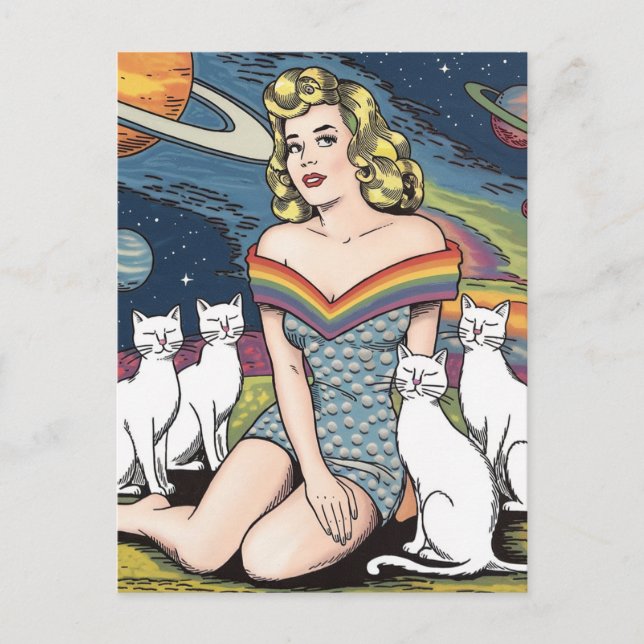 Postal Mujer en el espacio con gatos blancos (Anverso)