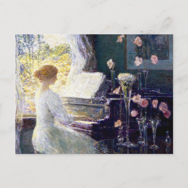 Postal Mujer en el piano por Childe Hassam (Anverso)